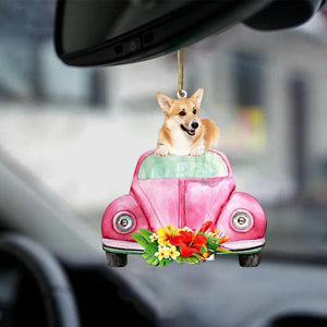 Welsh Corgi-Pink Hippie Car-Two Sided Ornament