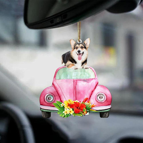 Welsh Corgi 2-Pink Hippie Car-Two Sided Ornament