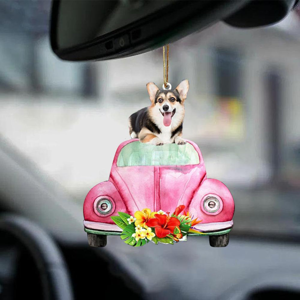 Welsh Corgi 2-Pink Hippie Car-Two Sided Ornament