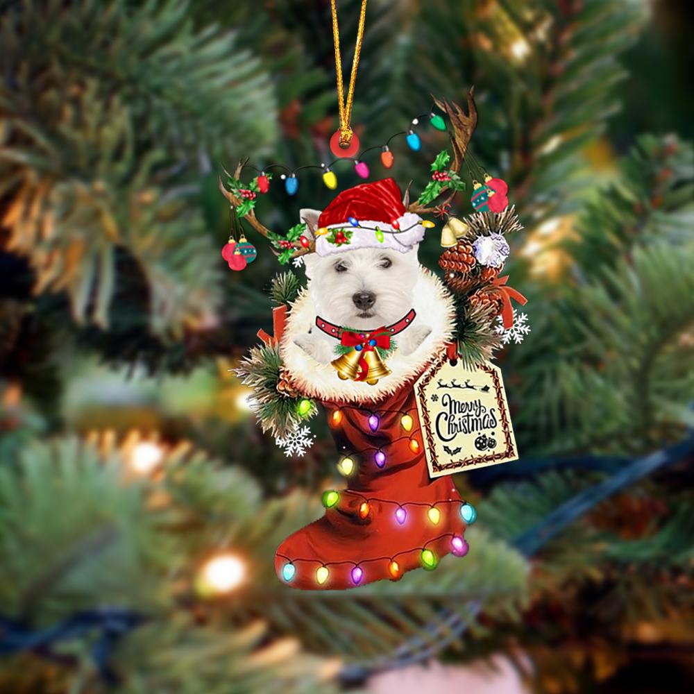 Ornament- West Highland White Terrier-Xmas Boot-Two Sided Ornament, Happy Christmas Ornament, Car Ornament