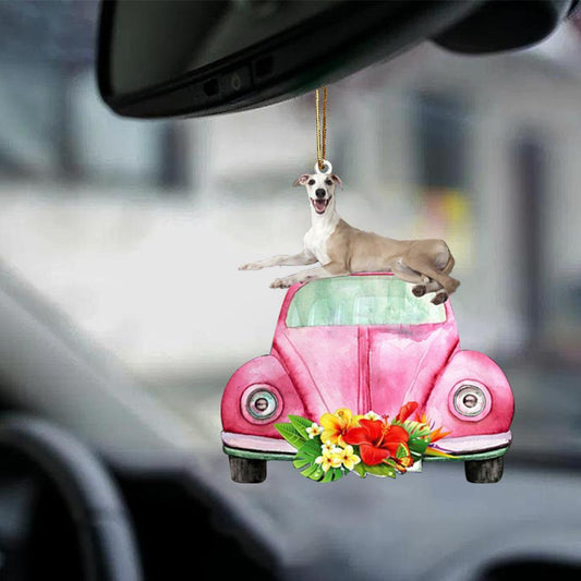 Whippet-Pink Hippie Car-Two Sided Ornament