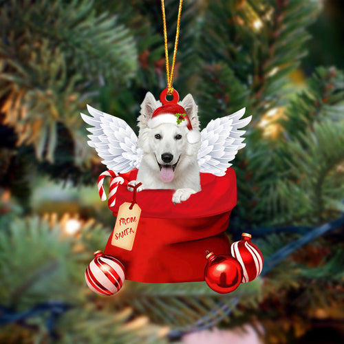 White German Shepherd Angel Gift From Santa Christmas Ornament, Dog Flat Acrylic Ornament
