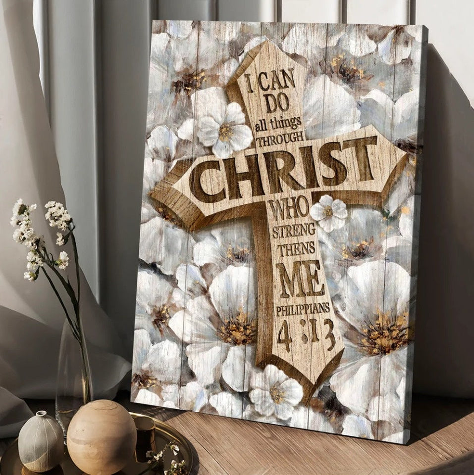Camellia flower, Jesus cross, I can do all things - Matte Canvas