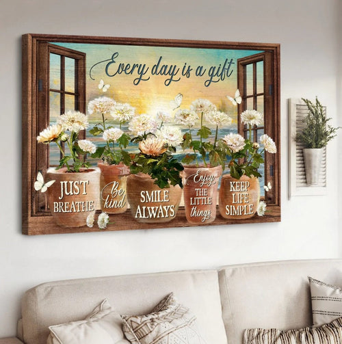 White chrysanthemums Sunrise ocean Window frame Every days is a gift - Matte Canvas