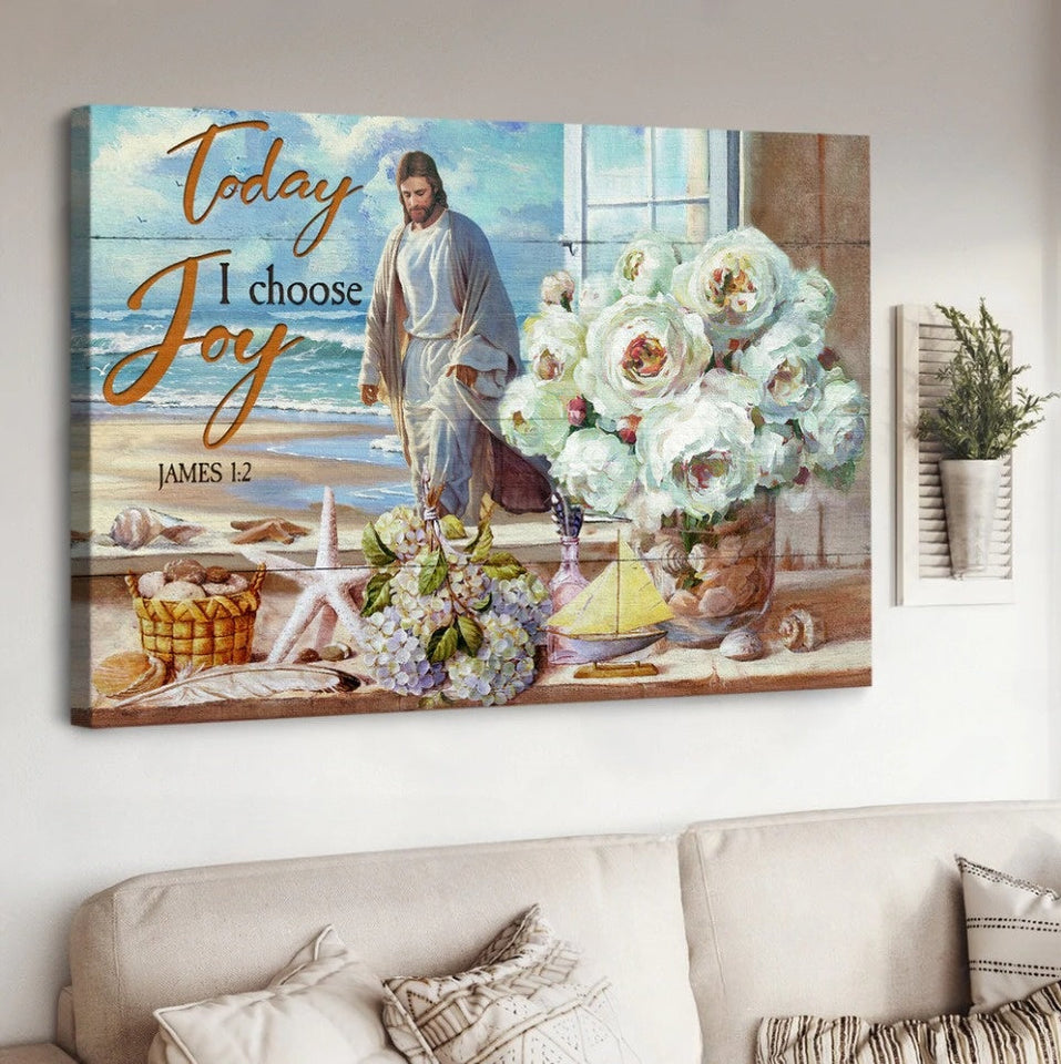 White rose vase, Walking with Jesus, Today I choose joy - Matte Canvas