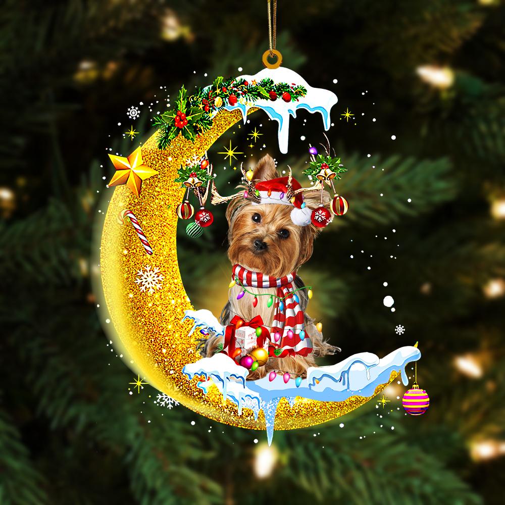 Godmerch- Golden Yorkshire Terrier On The Moon Merry Christmas Hanging Ornament, Car Ornament, Christmas Ornament