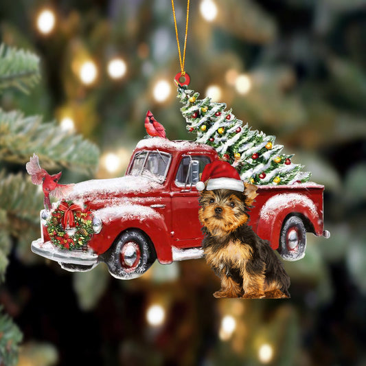 Ornament- Yorkshire Terrier-Cardinal & Truck Two Sided Ornament, Happy Christmas Ornament, Car Ornament