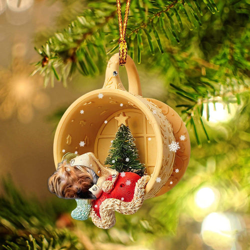 Godmerch- Yorkshire Terrier Sleeping In A Cup Christmas Ornament Dog Ornament, Car Ornament, Christmas Ornament