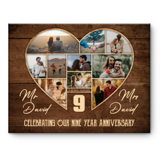 9th Wedding Anniversary Present, Gift For 9th Anniversary, Heart Shape Photo Collage