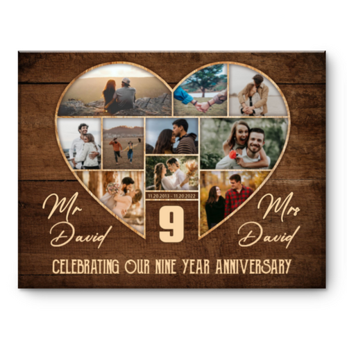 9th Wedding Anniversary Present, Gift For 9th Anniversary, Heart Shape Photo Collage