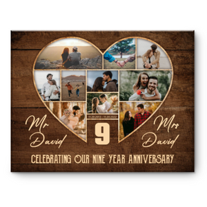 9th Wedding Anniversary Present, Gift For 9th Anniversary, Heart Shape Photo Collage