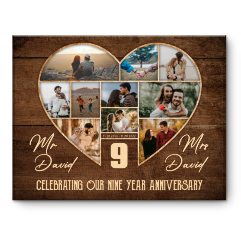 9th Wedding Anniversary Present, Gift For 9th Anniversary, Heart Shape Photo Collage