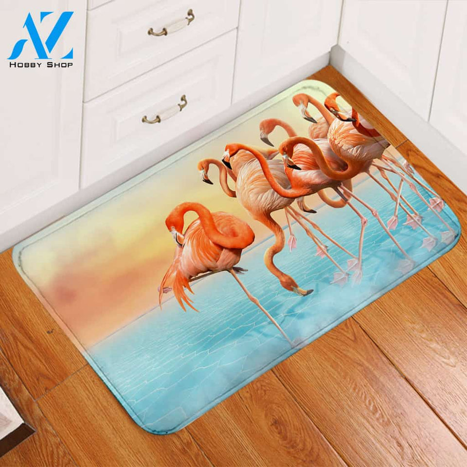 A Flamboyant Of Flamingos Door Mat