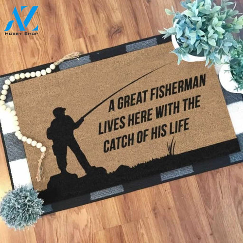 A great fisherman lives here with the catch of his life Doormat | Welcome Mat | House Warming Gift
