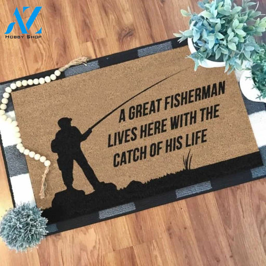 A great fisherman lives here with the catch of his life Doormat | Welcome Mat | House Warming Gift
