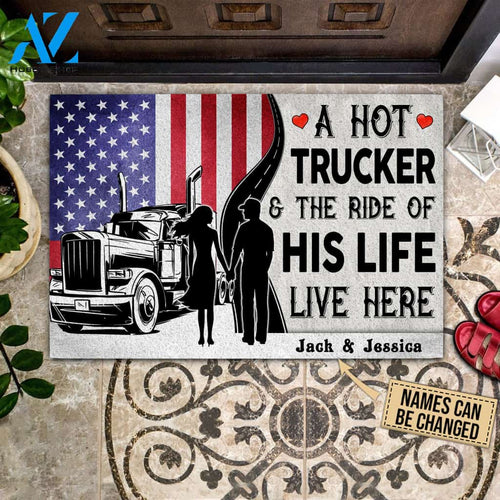 A Hot Trucker And The Ride Of His Life Live Here Personalized Doormat | Welcome Mat | House Warming Gift