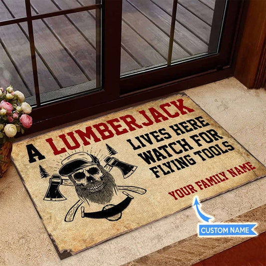 A Lumberjack Flying Tools Personalized Custom Name Doormat Welcome Mat