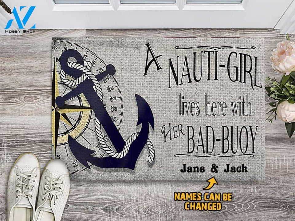 A Nauti Girl And Her Bad Buoy Live Here Doormat | Welcome Mat | House Warming Gift