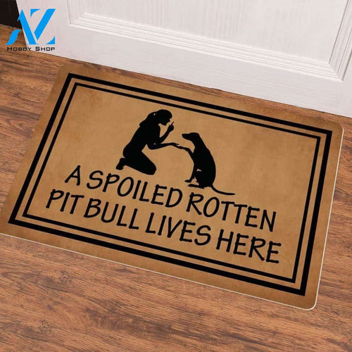 A Spoiled Rotten Pit Bull Lives Here Doormat | Welcome Mat | House Warming Gift