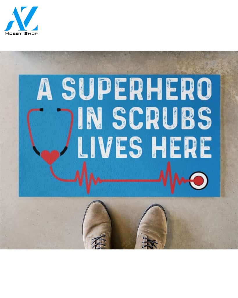 A Superhero In Scrubs Lives Here Indoor And Outdoor Doormat Welcome Mat Housewarming Gift Home Decor Funny Doormat Gift Idea
