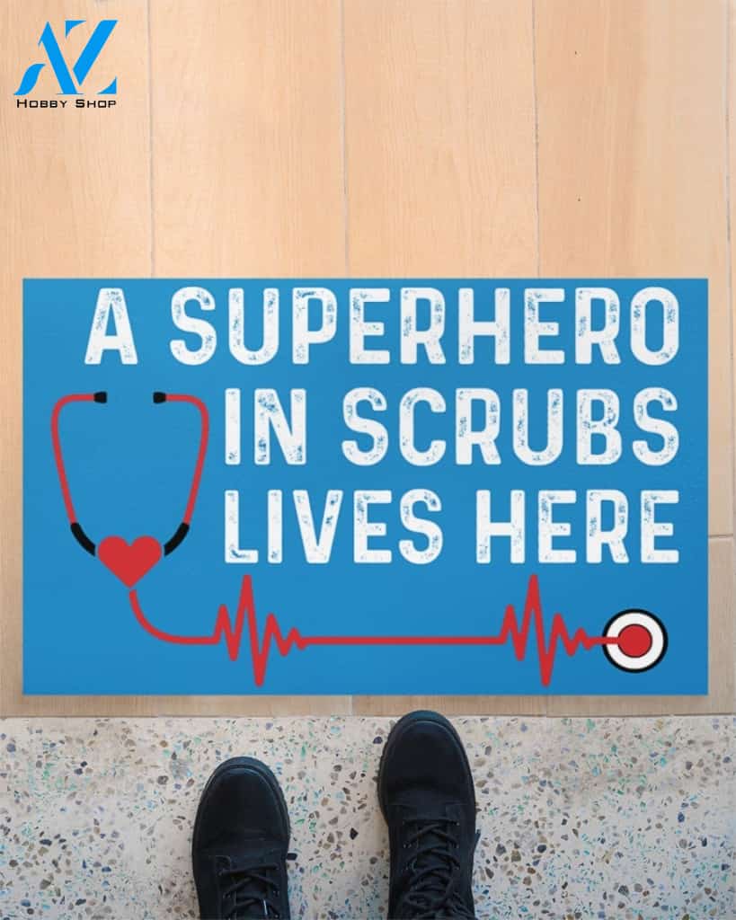 A Superhero In Scrubs Lives Here Indoor And Outdoor Doormat Welcome Mat Housewarming Gift Home Decor Funny Doormat Gift Idea