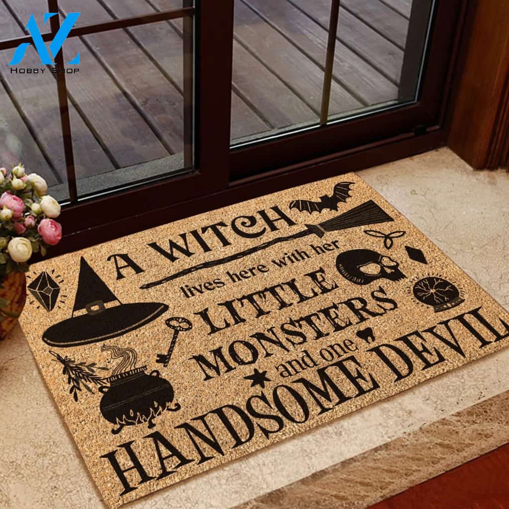 A Witch Lives Here With Her Little Monsters and Handsome Devil Doormat Welcome Mat House Warming Gift Home Decor Funny Doormat Gift Idea