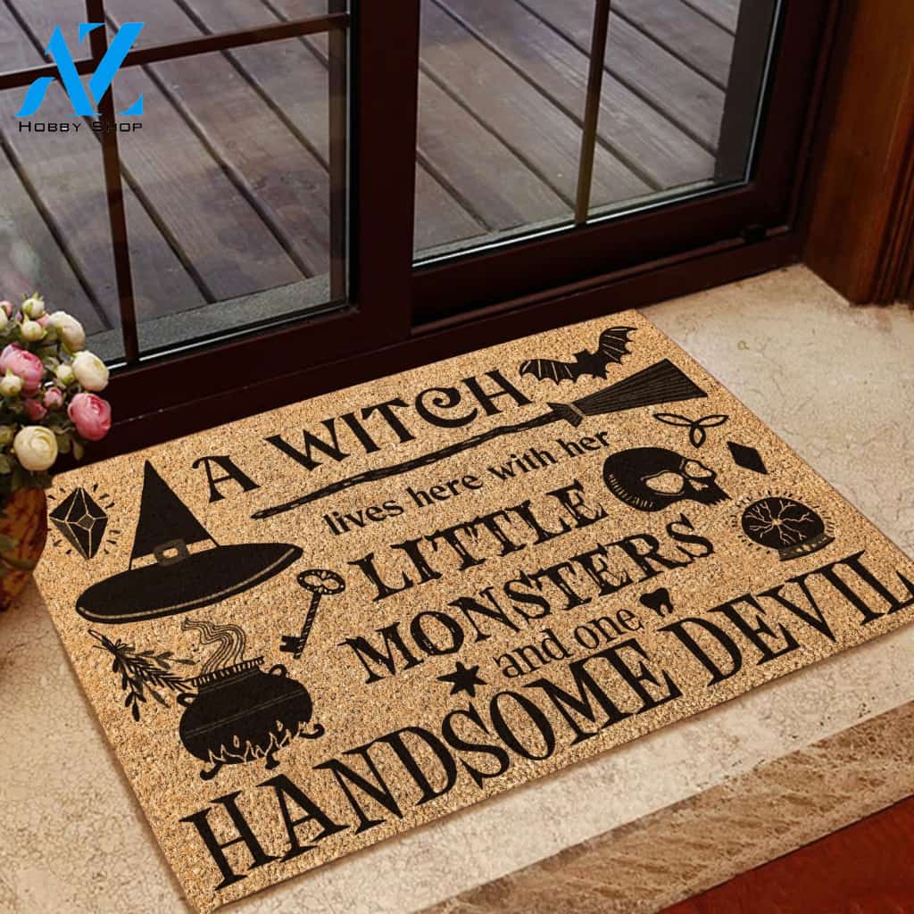 A Witch Lives Here With Her Little Monsters and Handsome Devil Doormat | Welcome Mat | House Warming Gift | Christmas Gift Decor