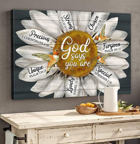 Hummingbird Daisy flower painting God says you are - Matte Canvas