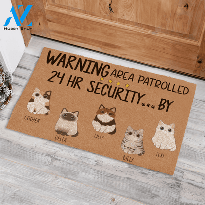 Adore Cat, Warning Area Patrolled 24 HR Security... By, Personalized Doormat TV06