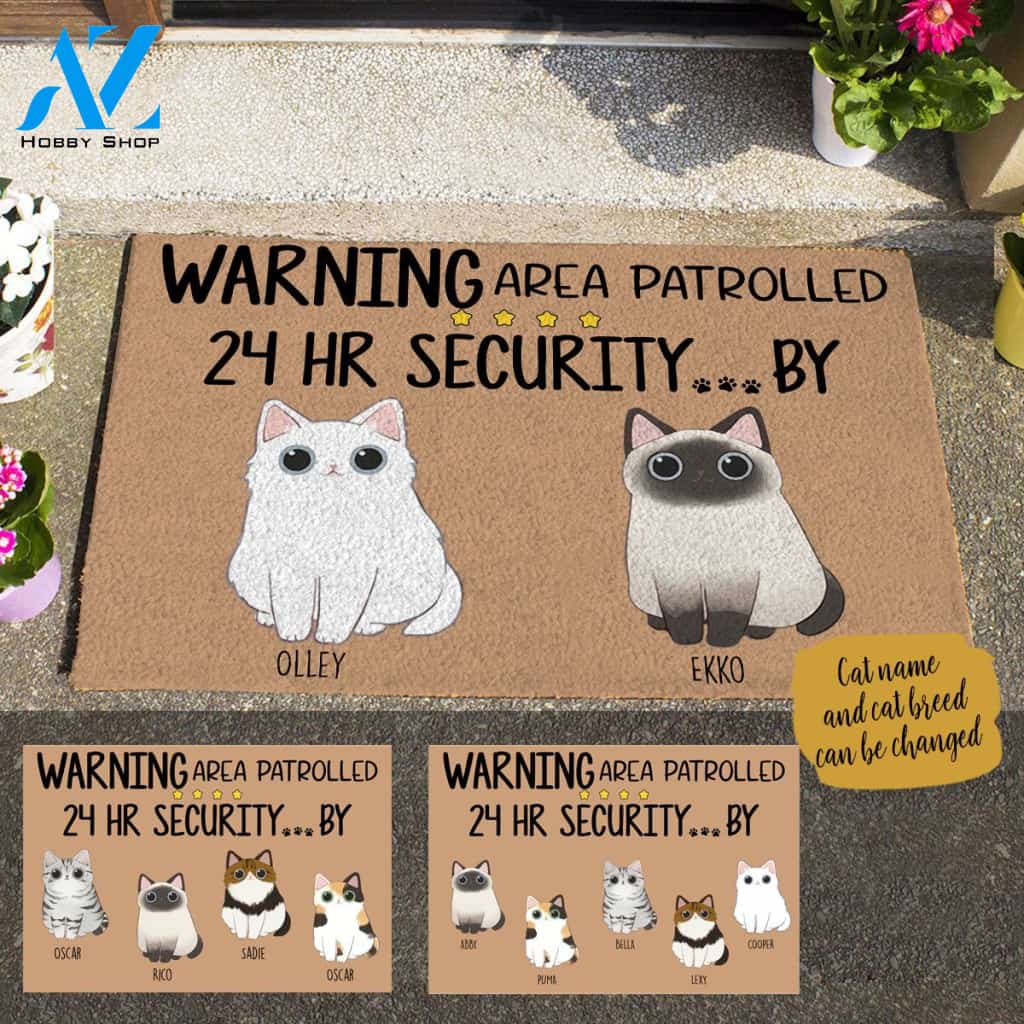 Adore Cat, Warning Area Patrolled 24 HR Security... By, Personalized Doormat TV06