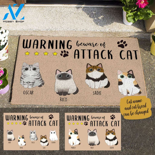 Adore Cat, Warning Beware Of Attack Cat Personalized Doormat TV06