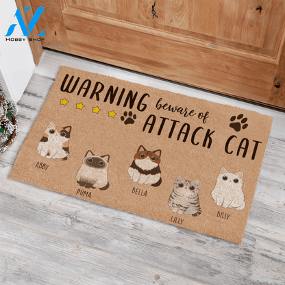 Adore Cat, Warning Beware Of Attack Cat Personalized Doormat TV06