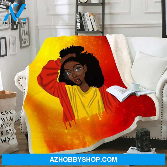 Afro Art Print Blanket Black Girl Curly Hair Fleece Blanket Cute Black Girl Curly Afro Fleece Blanket