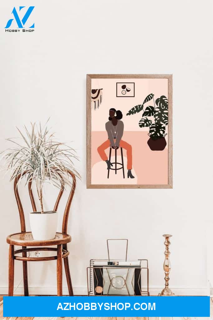 Afro Black Woman Looks Cool On Chair Poster Canvas