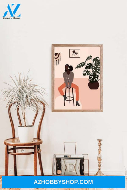 Afro Black Woman Looks Cool On Chair Poster Canvas