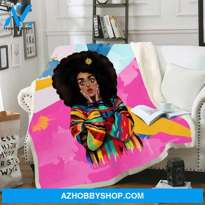 Afro Black Women Vintage Coloful Melanin Poppin Cute Girl Fleece Blanket