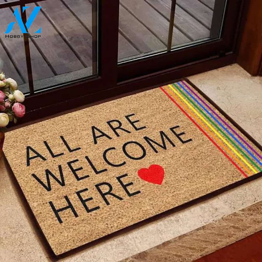 All Are Welcome Here Doormat, LGBT Doormat, Human Rights Doormat,Funny Door Mat,Wedding Gift,Velvet Rug,Housewarming gift,Non Slip Backing