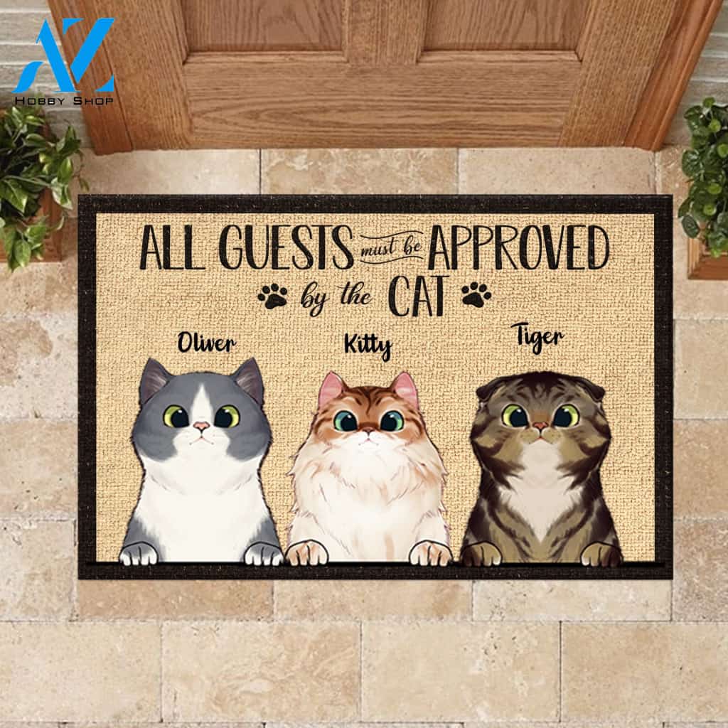 All Guests Must Be Approved By Peeking Cat - Funny Personalized Cat Doormat | WELCOME MAT | HOUSE WARMING GIFT