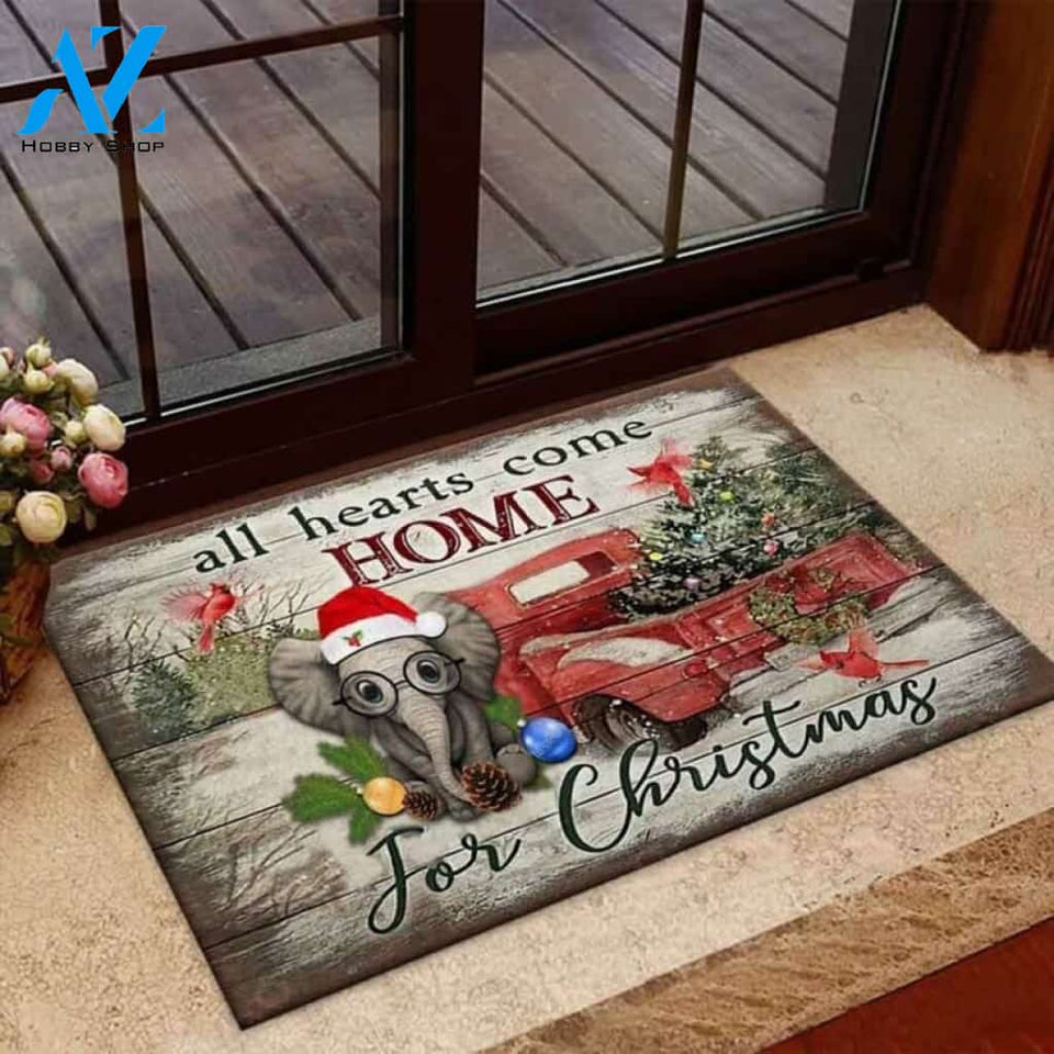 All Hearts Come Home For Christmas Doormat Welcome Mat Housewarming Gift Home Decor Funny Doormat Gift Idea For Elephant Lovers