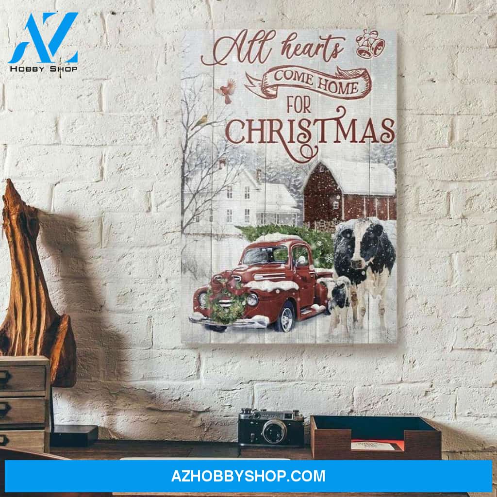 All Hearts Come Home For Christmas Red Truck Cow Canvas - Wall Decor Visual Art