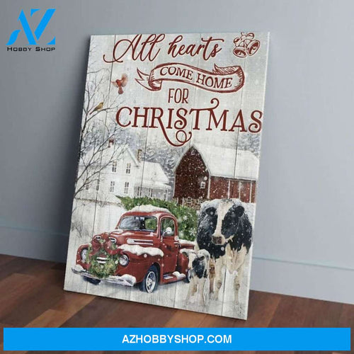 All Hearts Come Home For Christmas Red Truck Cow Canvas - Wall Decor Visual Art