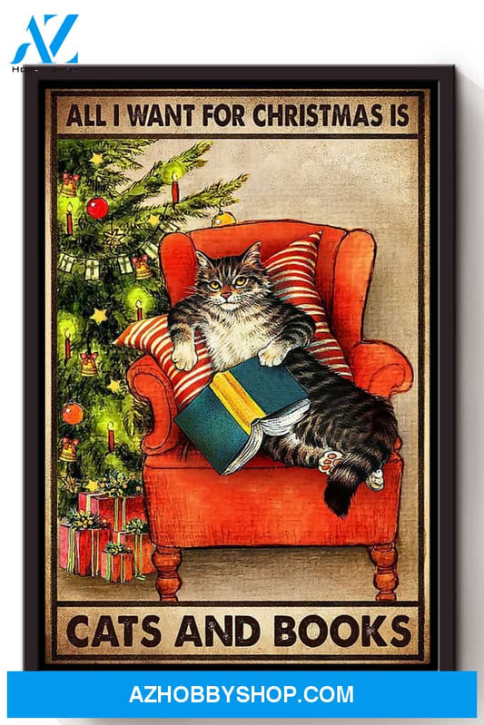 All I Want For Christmas Is Cat And Books Vintage Canvas And Poster, Wall Decor Visual Art 1