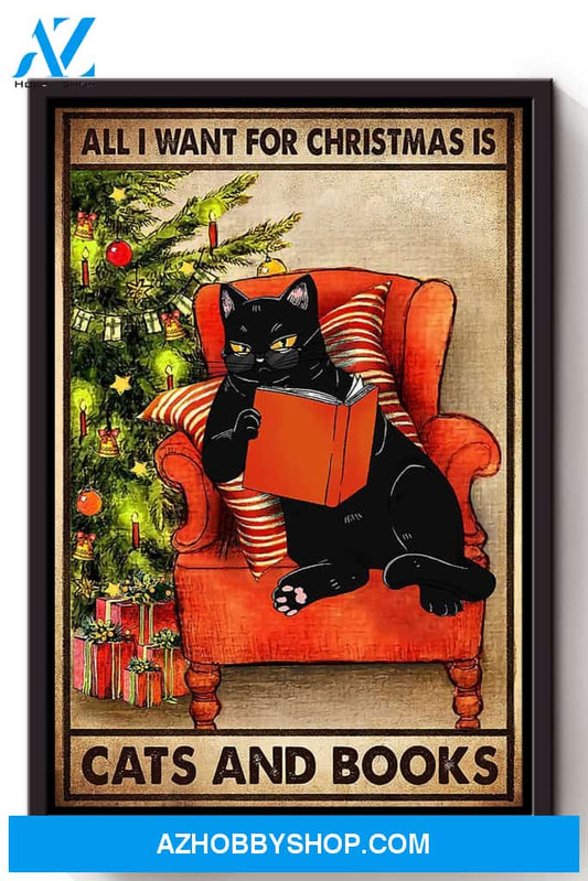 All I Want For Christmas Is Cat And Books Vintage Canvas And Poster, Wall Decor Visual Art