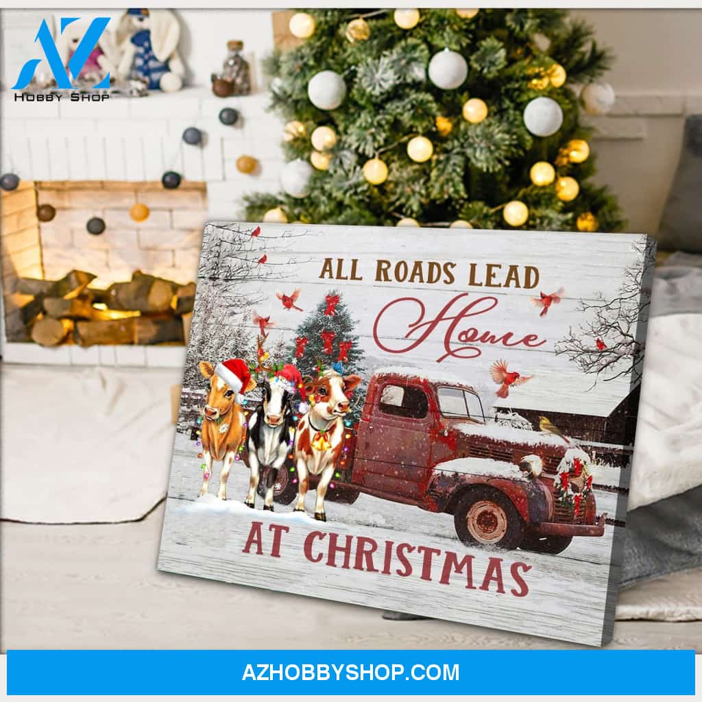 All roads lead home at Christmas Cow Canvas Wall Art, Wall Decor Visual Art