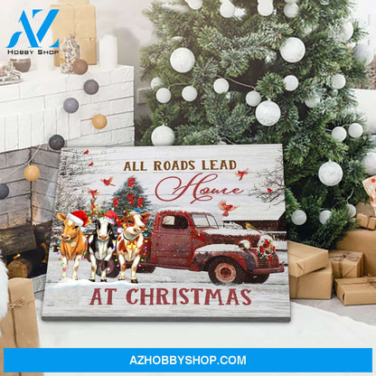 All roads lead home at Christmas Cow Canvas Wall Art, Wall Decor Visual Art