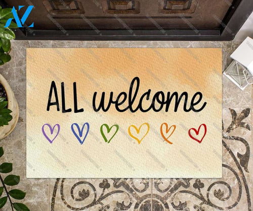 All Welcome Doormat, LGBT Rainbow Flag Heart Door Mat Rug, Lesbian Gay Pride, LGBTQ Love Month Gifts, Housewarming Gift, Birthday Gifts