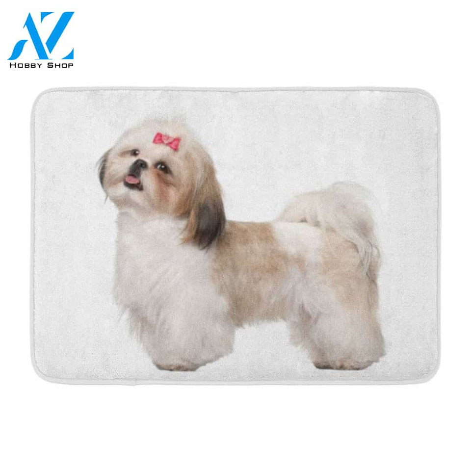 Alone Tan Animal Shih Tzu Standing Against White Dog Bow Rug Doormat Welcome Mat House Warming Gift Home Decor Gift for Dog Lovers Funny Doormat Gift Idea