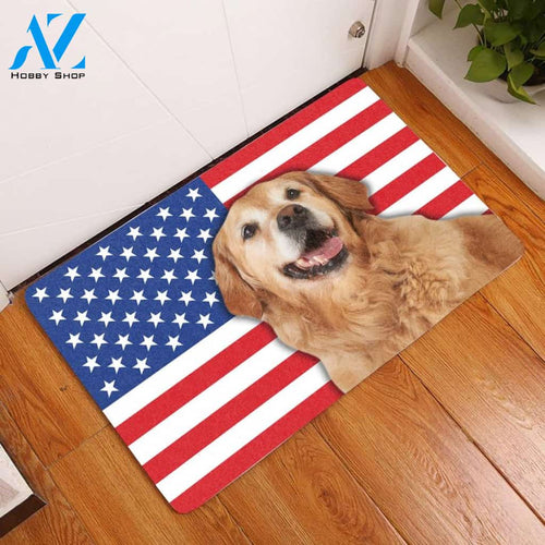 Amazing Golden Retriever With American Flag Doormat