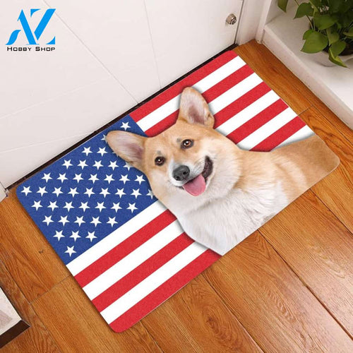 Amazing Pembroke Welsh Corgi With American Flag Doormat