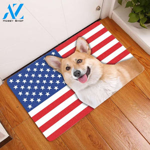 Amazing Pembroke Welsh Corgi With American Flag Doormat